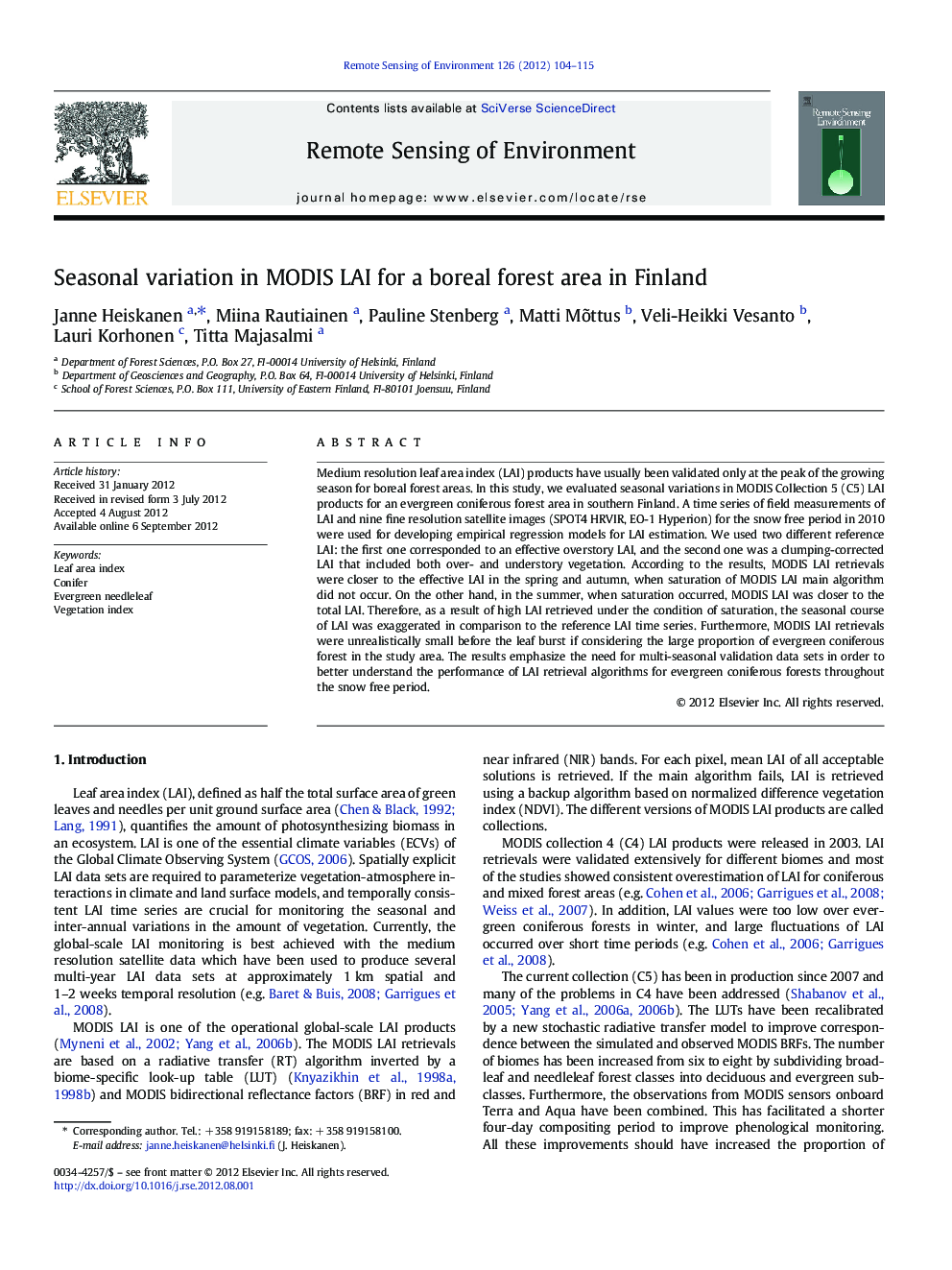 Seasonal variation in MODIS LAI for a boreal forest area in Finland