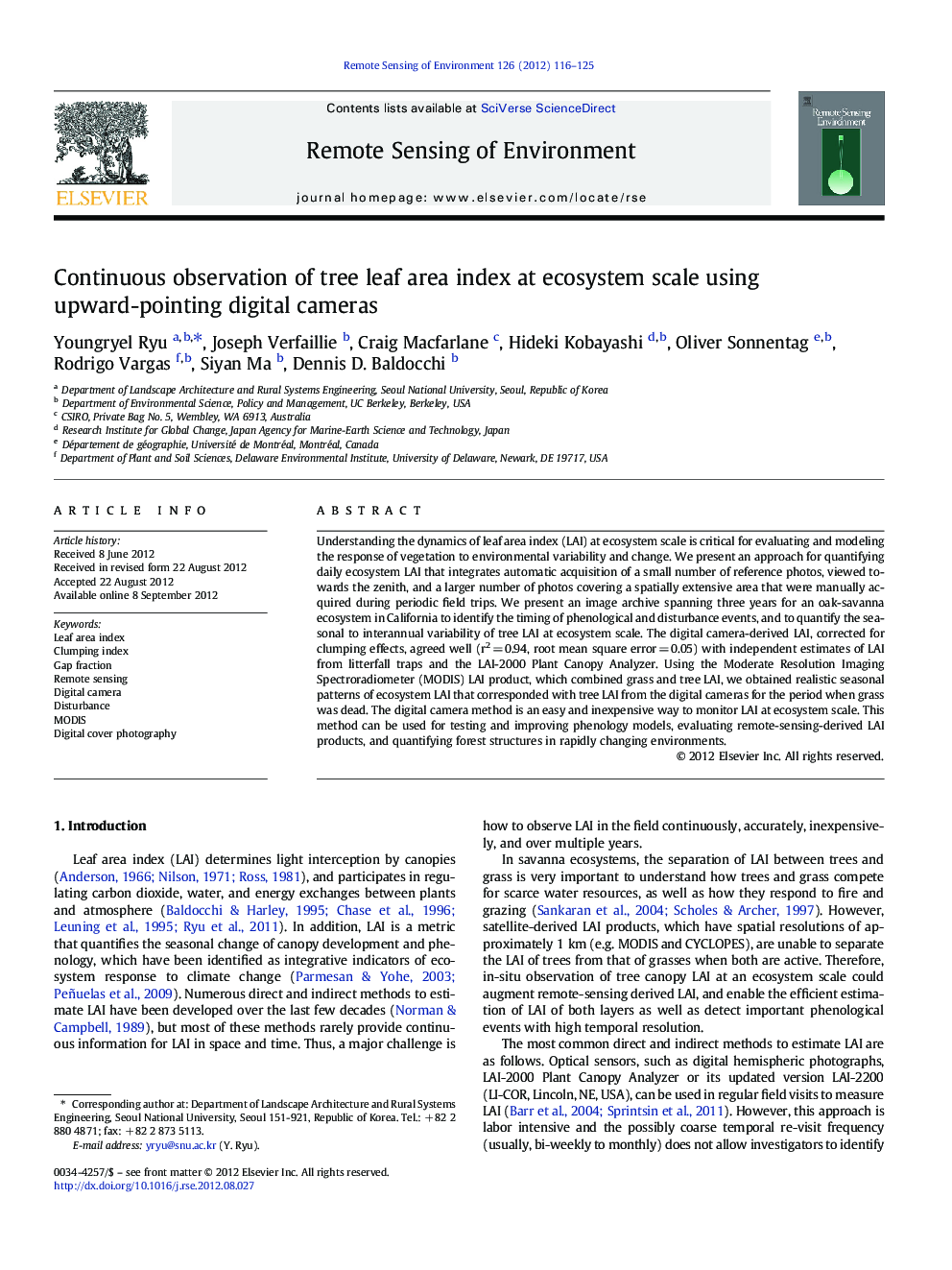 Continuous observation of tree leaf area index at ecosystem scale using upward-pointing digital cameras