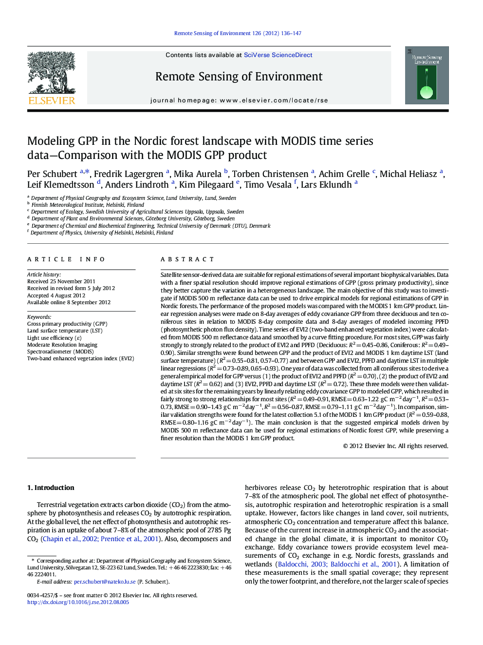 Modeling GPP in the Nordic forest landscape with MODIS time series data—Comparison with the MODIS GPP product