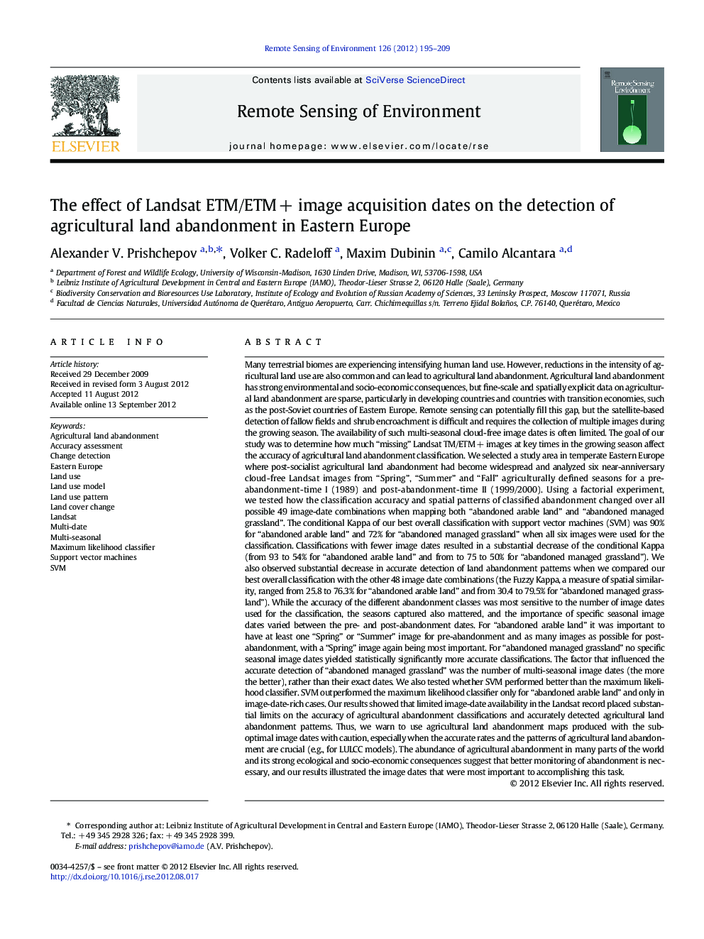 The effect of Landsat ETM/ETM + image acquisition dates on the detection of agricultural land abandonment in Eastern Europe