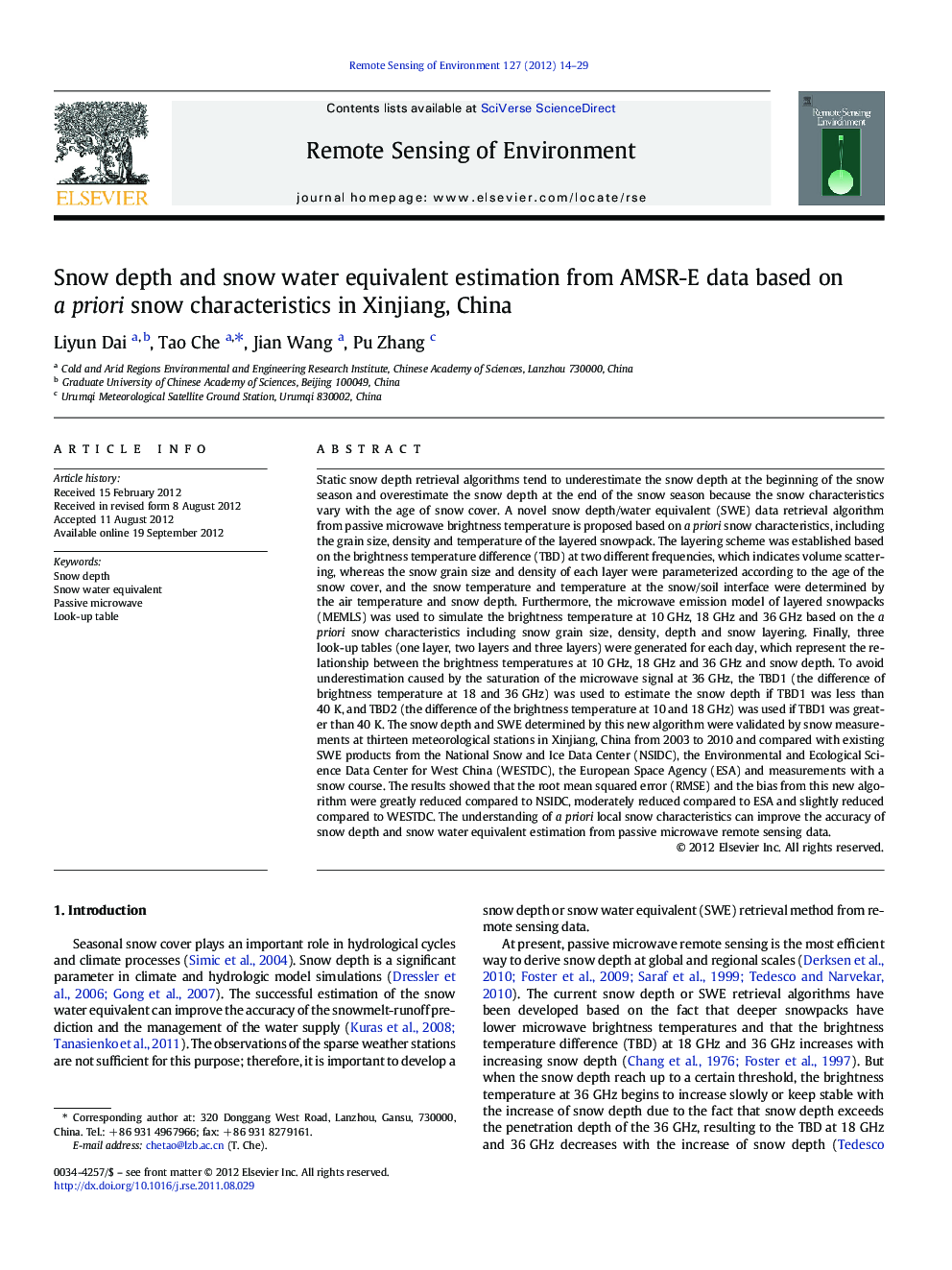 Snow depth and snow water equivalent estimation from AMSR-E data based on a priori snow characteristics in Xinjiang, China