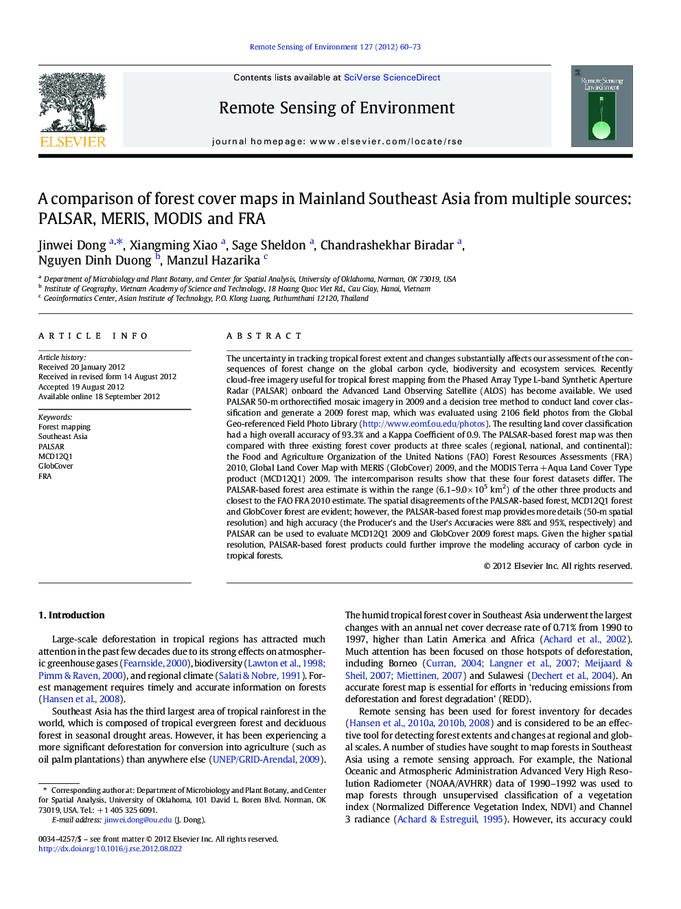 A comparison of forest cover maps in Mainland Southeast Asia from multiple sources: PALSAR, MERIS, MODIS and FRA