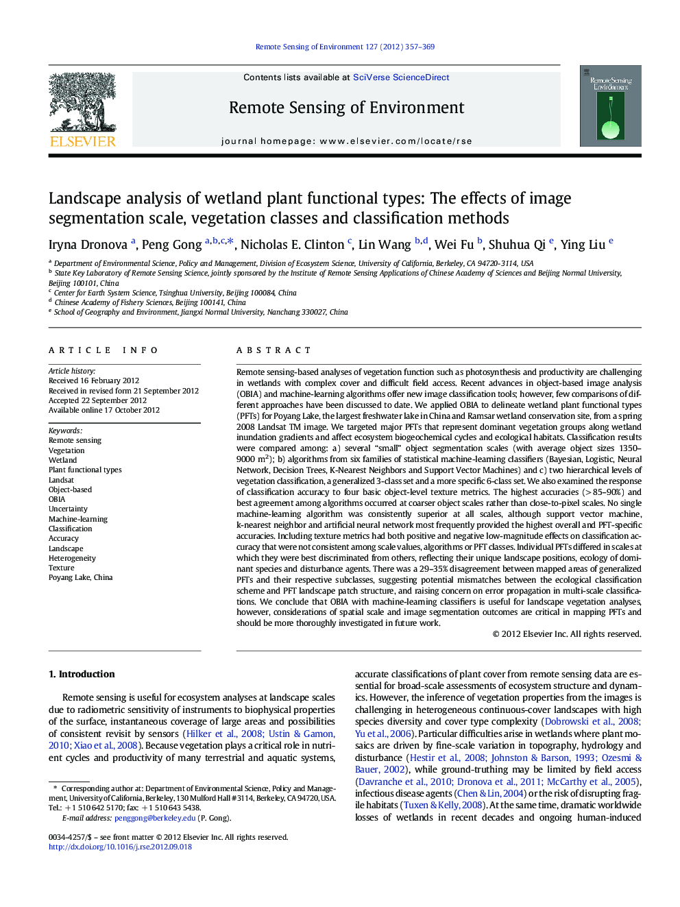Landscape analysis of wetland plant functional types: The effects of image segmentation scale, vegetation classes and classification methods