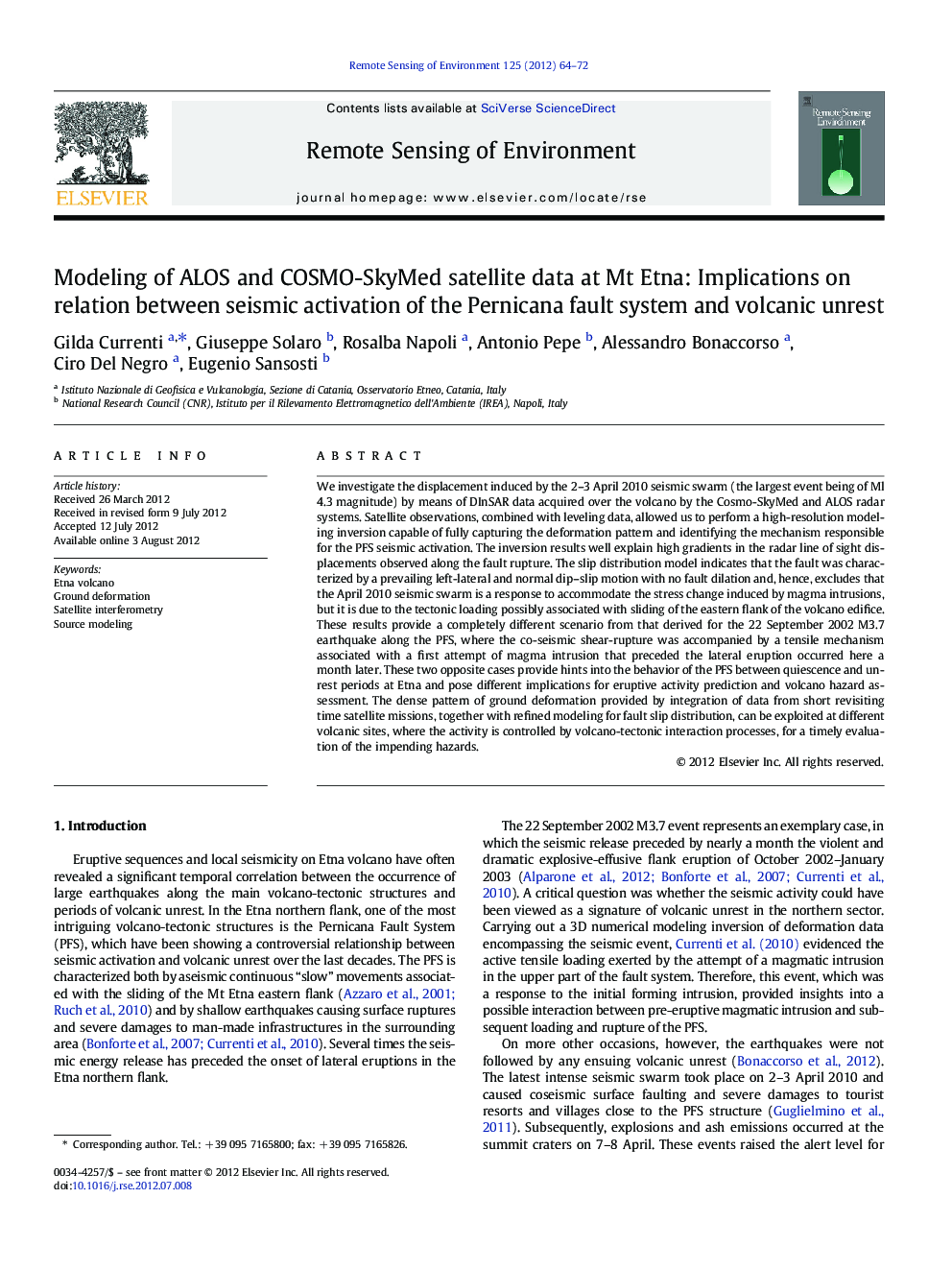 Modeling of ALOS and COSMO-SkyMed satellite data at Mt Etna: Implications on relation between seismic activation of the Pernicana fault system and volcanic unrest