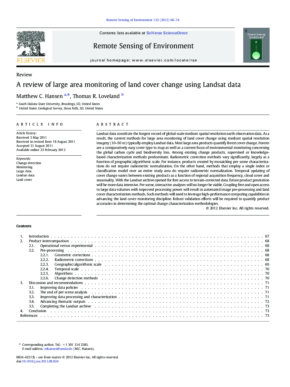 A review of large area monitoring of land cover change using Landsat data