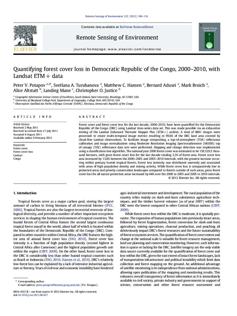 Quantifying forest cover loss in Democratic Republic of the Congo, 2000–2010, with Landsat ETM + data