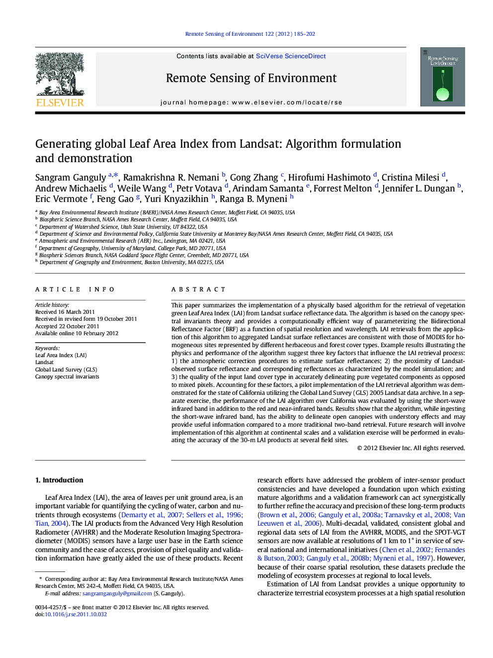 Generating global Leaf Area Index from Landsat: Algorithm formulation and demonstration