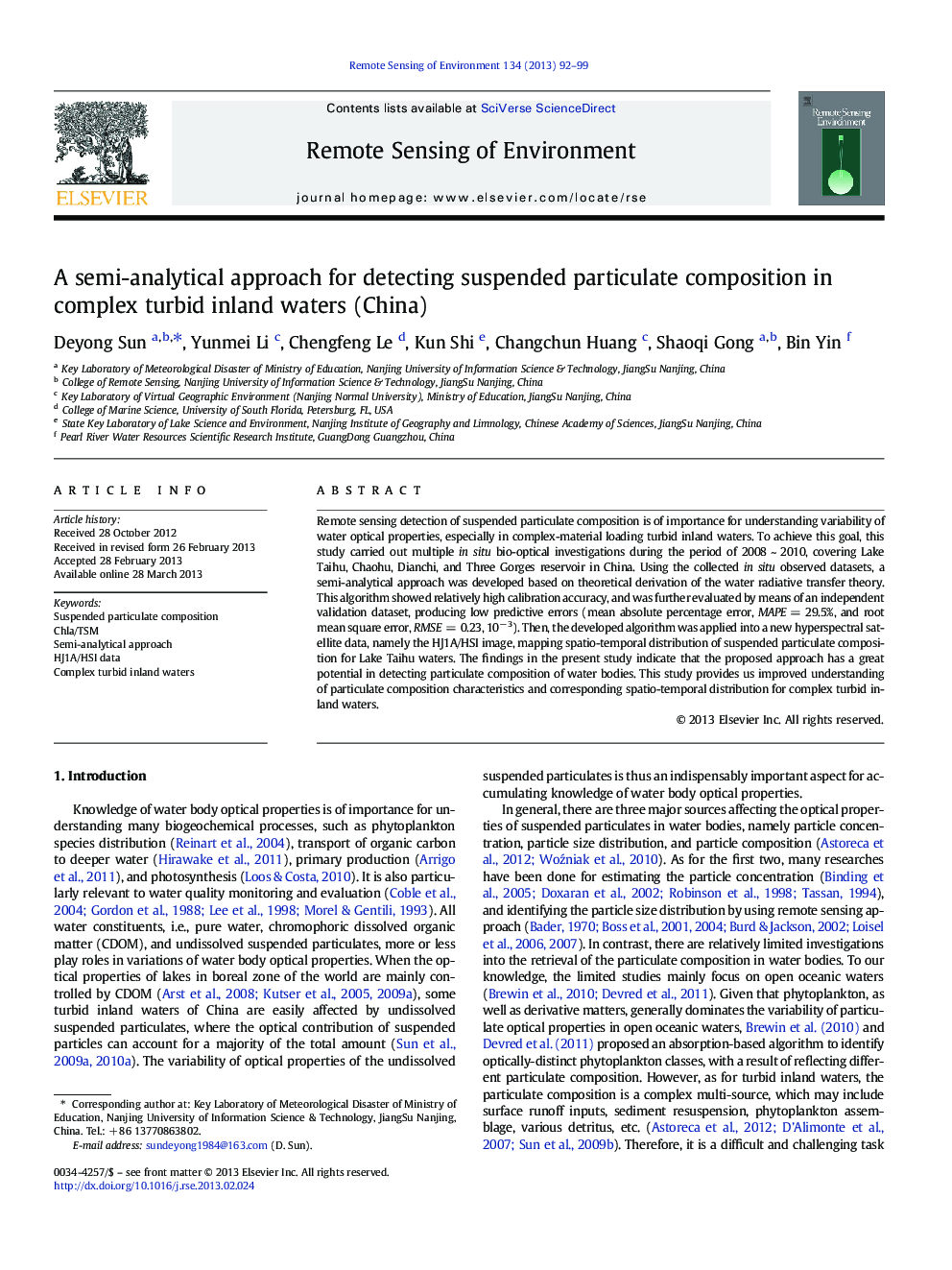 A semi-analytical approach for detecting suspended particulate composition in complex turbid inland waters (China)