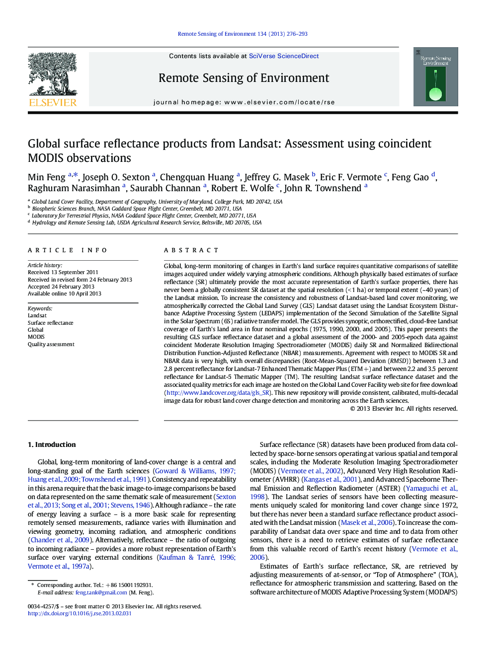 Global surface reflectance products from Landsat: Assessment using coincident MODIS observations