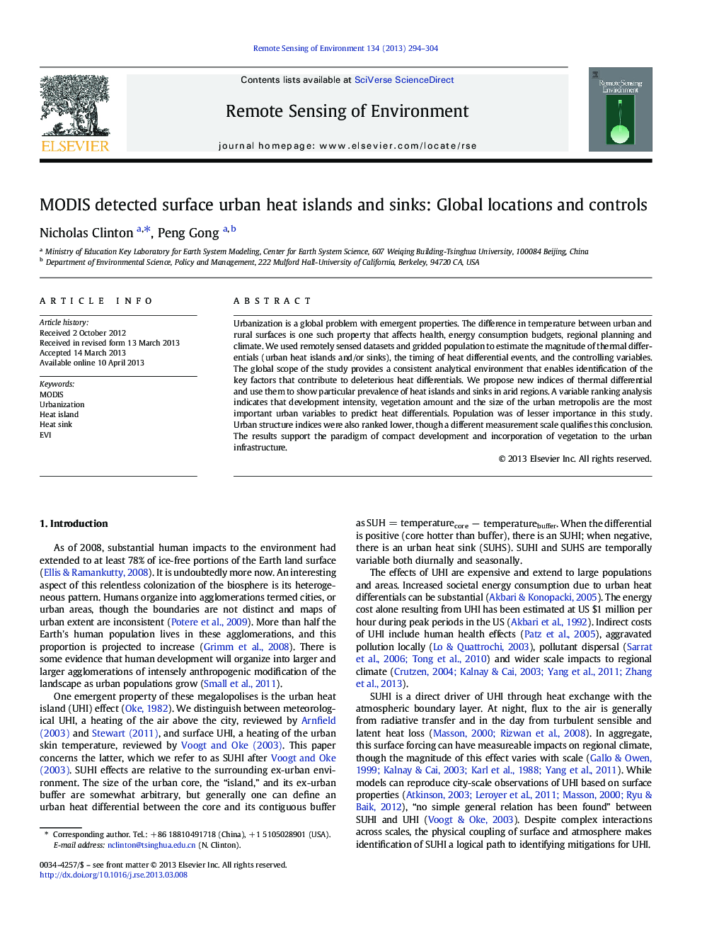 MODIS detected surface urban heat islands and sinks: Global locations and controls