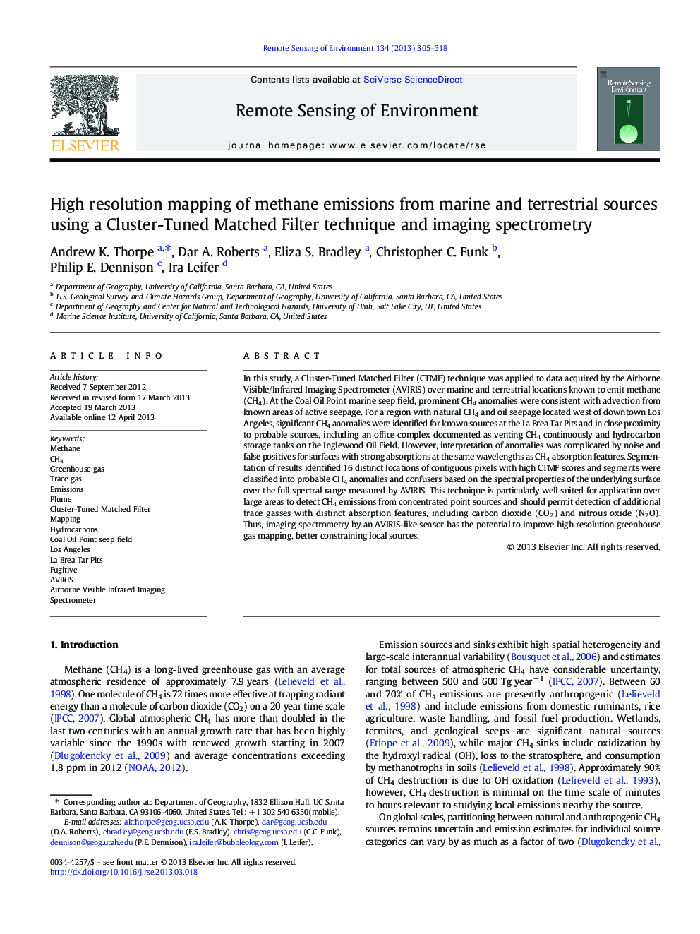 High resolution mapping of methane emissions from marine and terrestrial sources using a Cluster-Tuned Matched Filter technique and imaging spectrometry