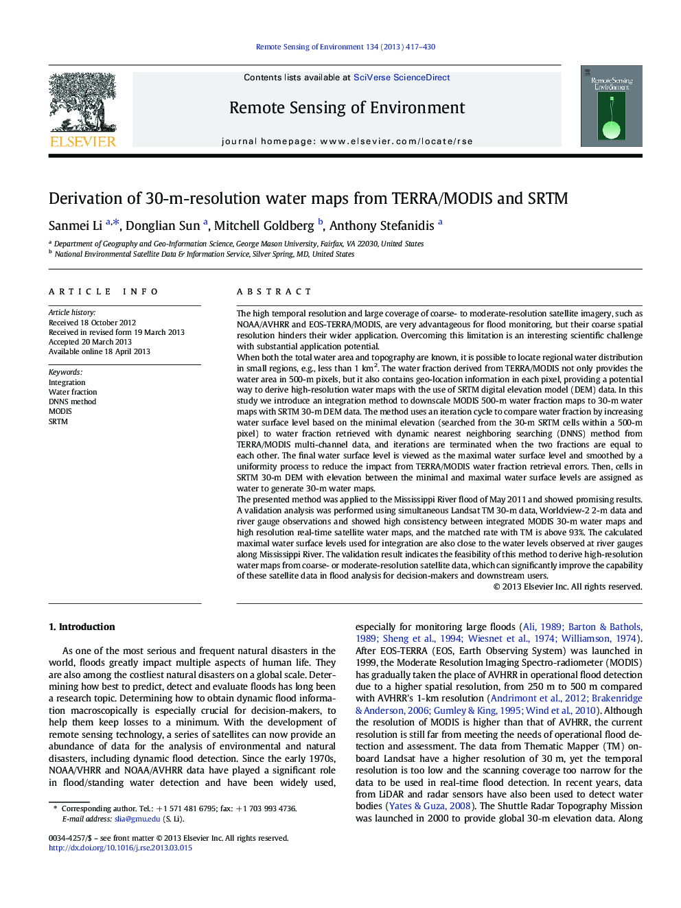 Derivation of 30-m-resolution water maps from TERRA/MODIS and SRTM