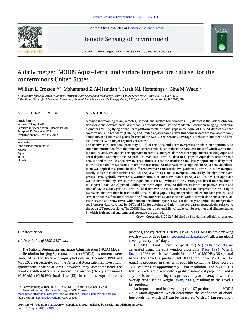 A daily merged MODIS Aqua–Terra land surface temperature data set for the conterminous United States