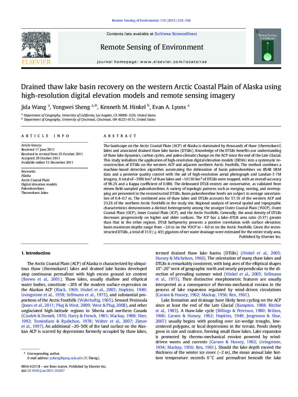 Drained thaw lake basin recovery on the western Arctic Coastal Plain of Alaska using high-resolution digital elevation models and remote sensing imagery