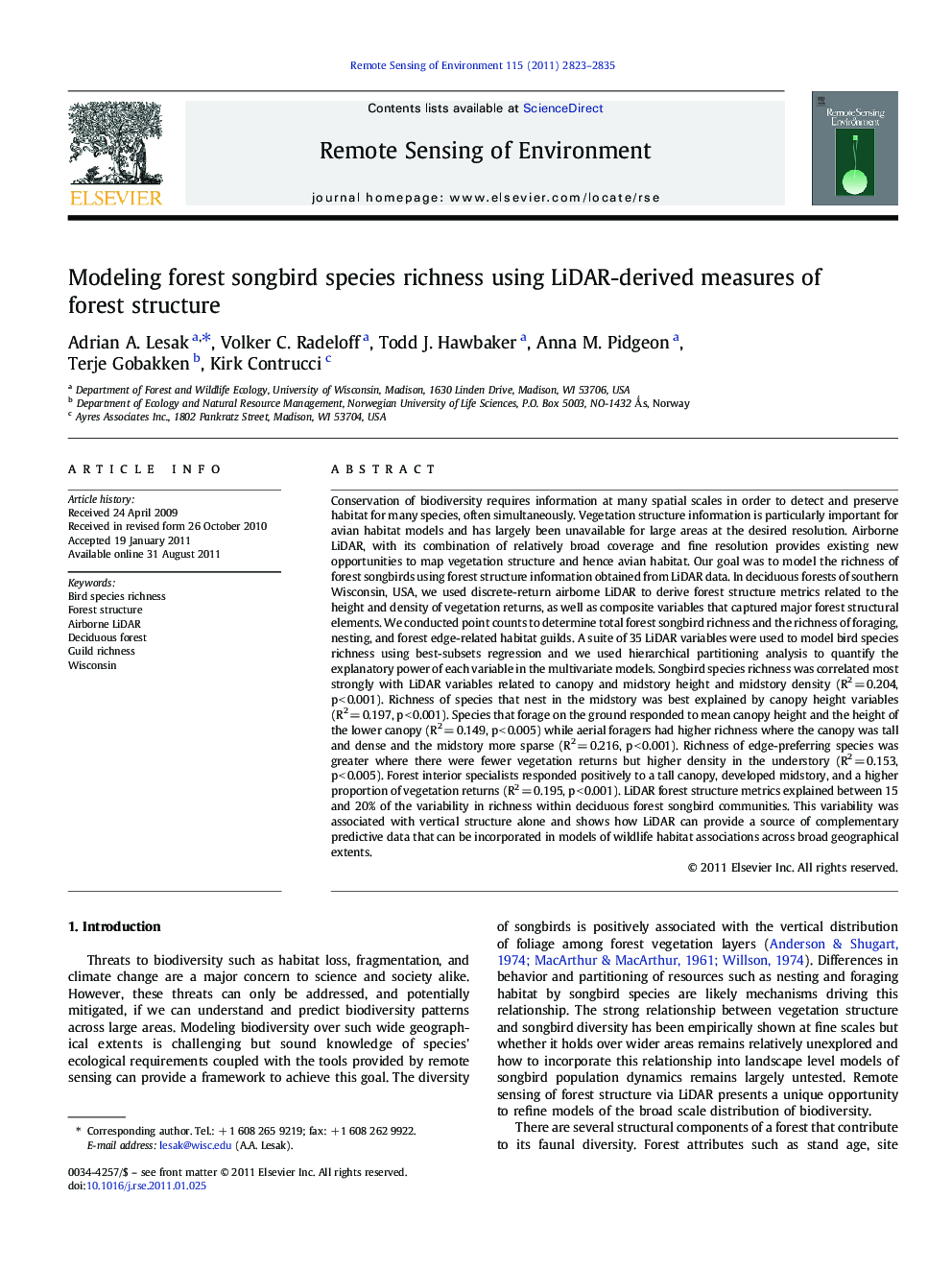 Modeling forest songbird species richness using LiDAR-derived measures of forest structure