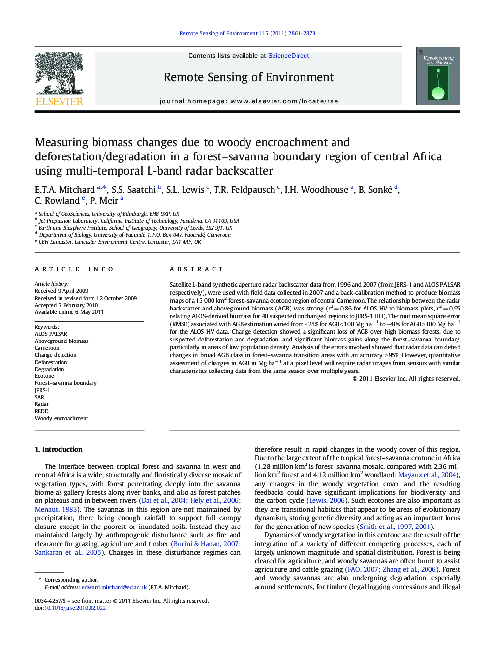 Measuring biomass changes due to woody encroachment and deforestation/degradation in a forest–savanna boundary region of central Africa using multi-temporal L-band radar backscatter