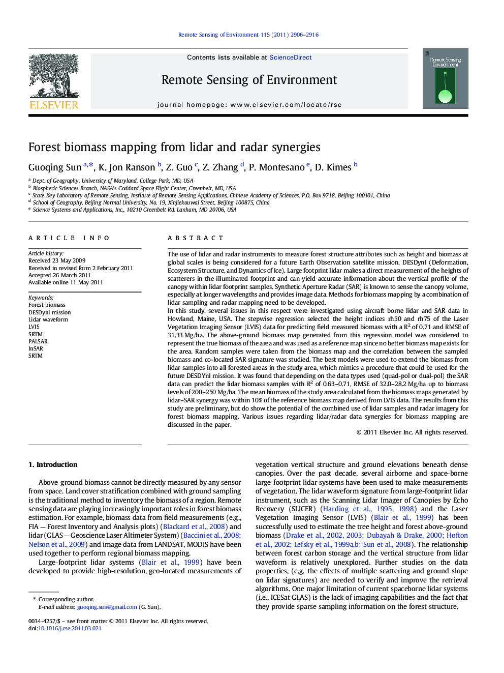 Forest biomass mapping from lidar and radar synergies