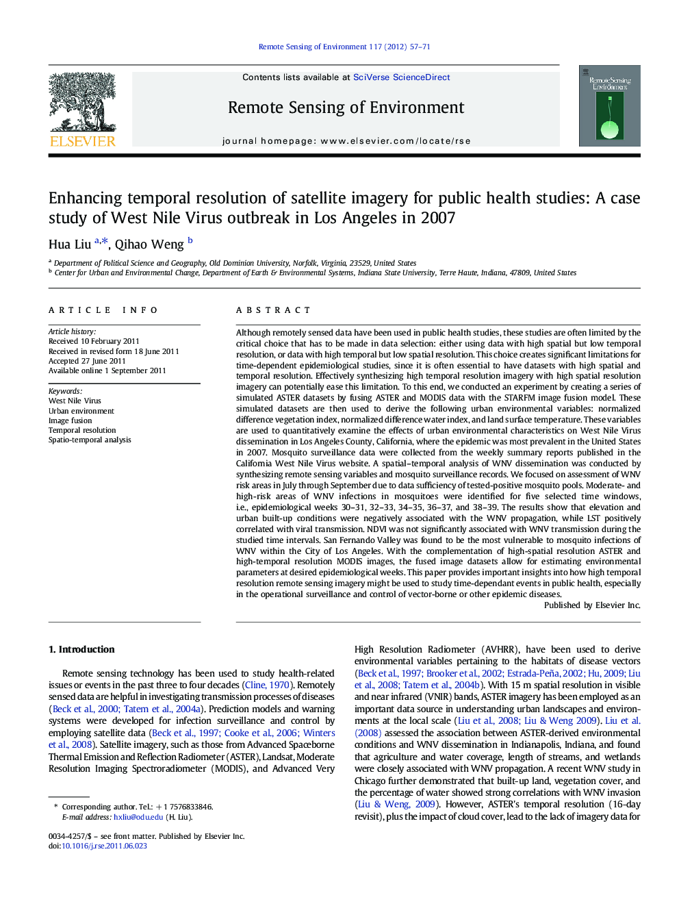 Enhancing temporal resolution of satellite imagery for public health studies: A case study of West Nile Virus outbreak in Los Angeles in 2007