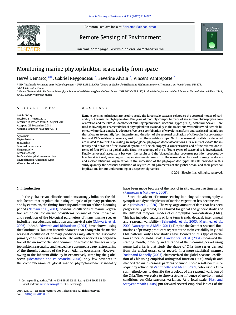 Monitoring marine phytoplankton seasonality from space