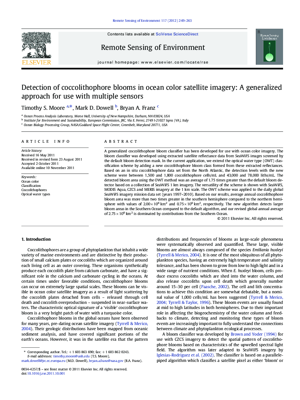 Detection of coccolithophore blooms in ocean color satellite imagery: A generalized approach for use with multiple sensors