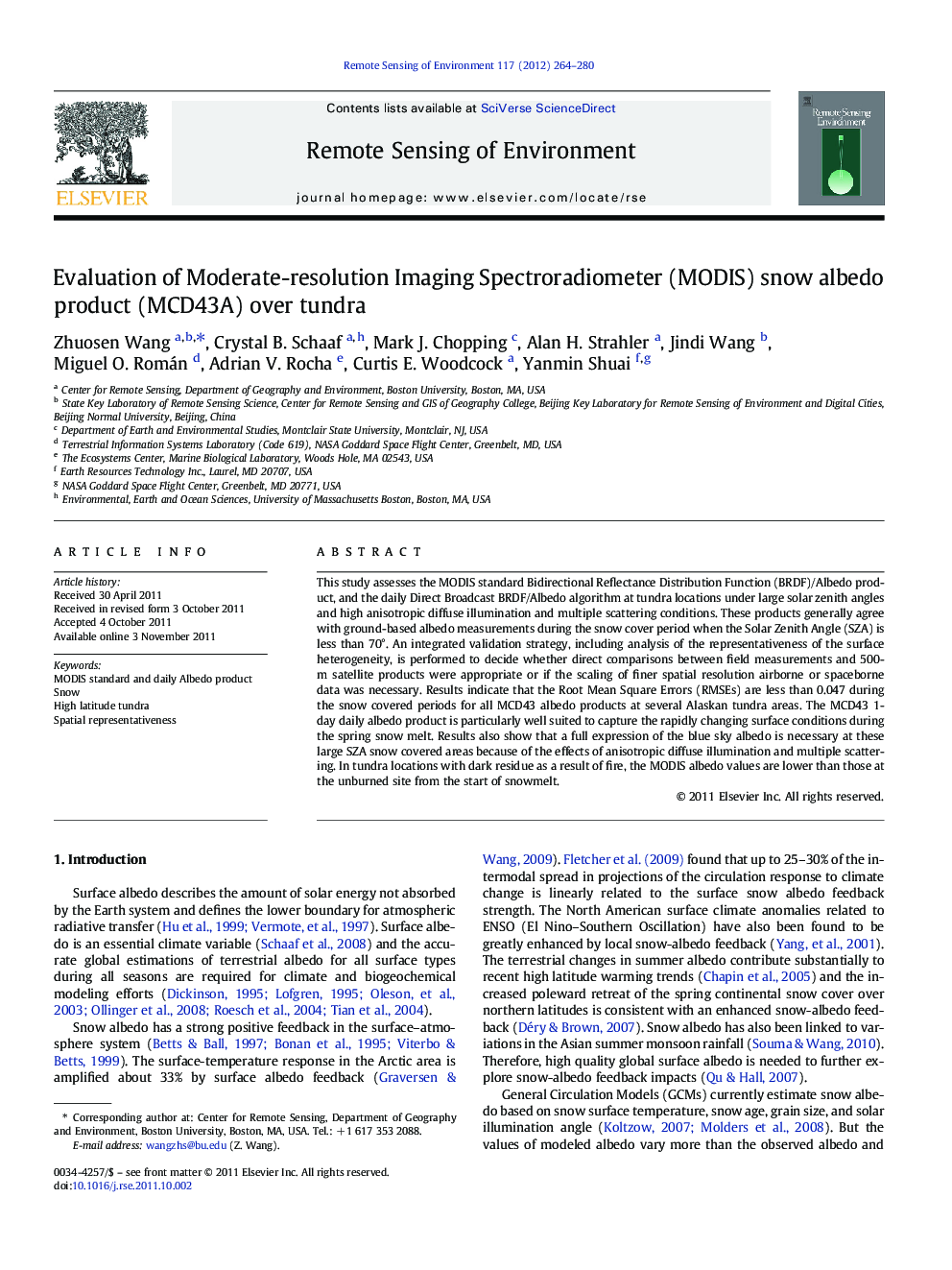 Evaluation of Moderate-resolution Imaging Spectroradiometer (MODIS) snow albedo product (MCD43A) over tundra