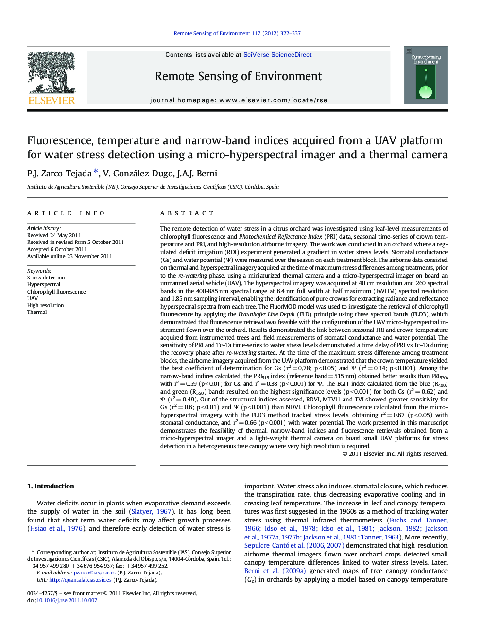 Fluorescence, temperature and narrow-band indices acquired from a UAV platform for water stress detection using a micro-hyperspectral imager and a thermal camera