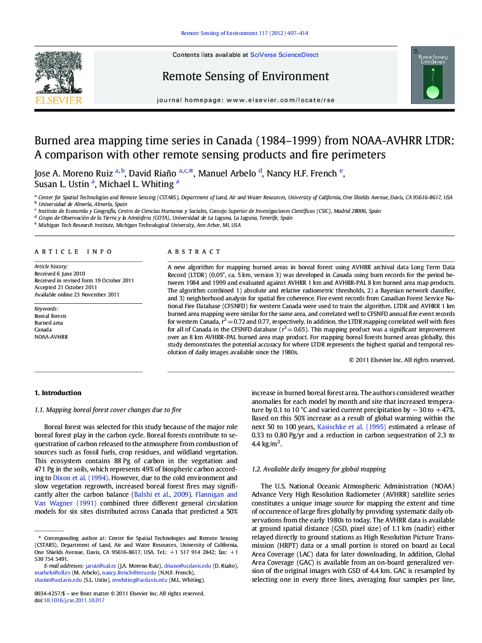 Burned area mapping time series in Canada (1984–1999) from NOAA-AVHRR LTDR: A comparison with other remote sensing products and fire perimeters