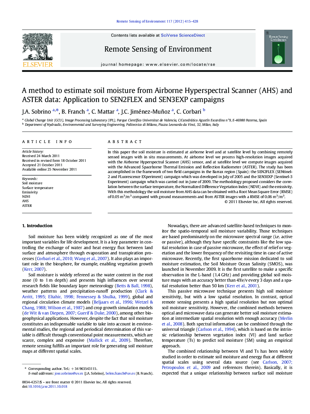 A method to estimate soil moisture from Airborne Hyperspectral Scanner (AHS) and ASTER data: Application to SEN2FLEX and SEN3EXP campaigns