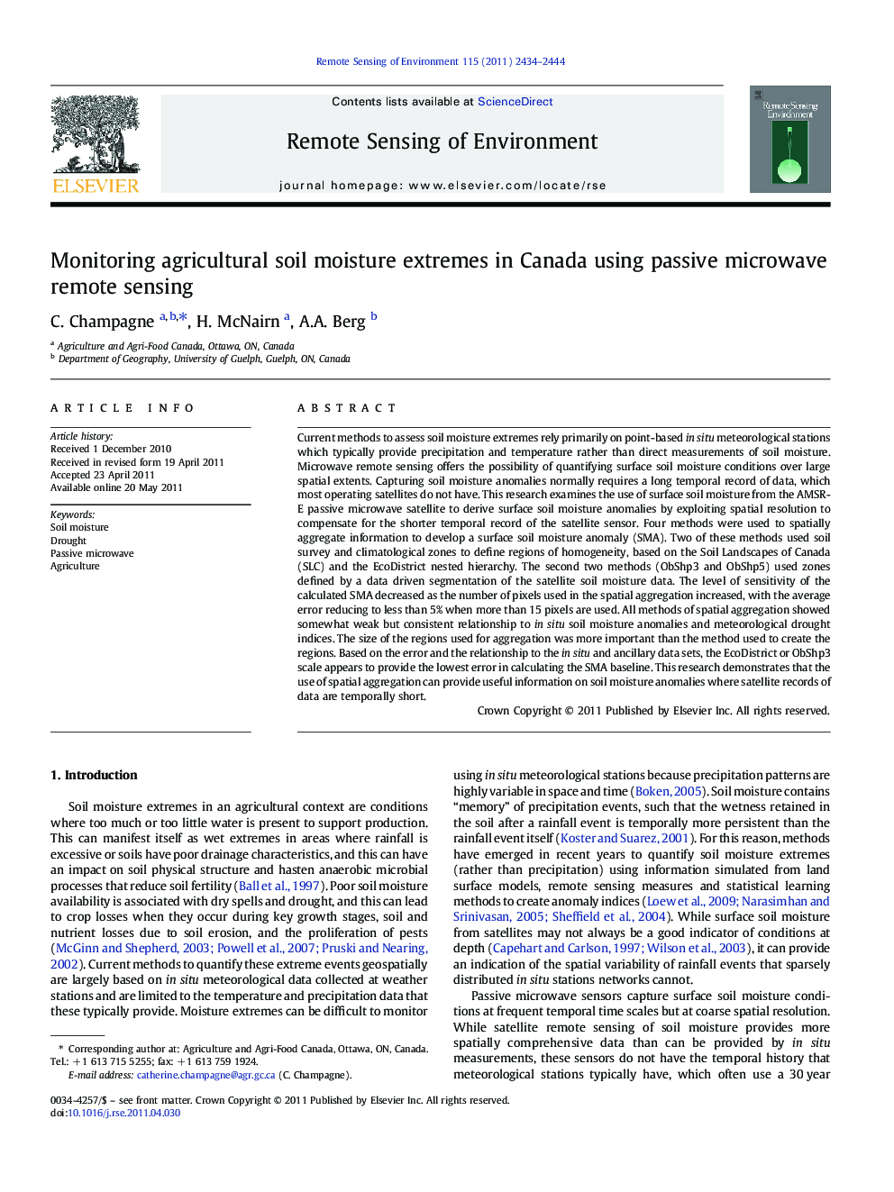 Monitoring agricultural soil moisture extremes in Canada using passive microwave remote sensing