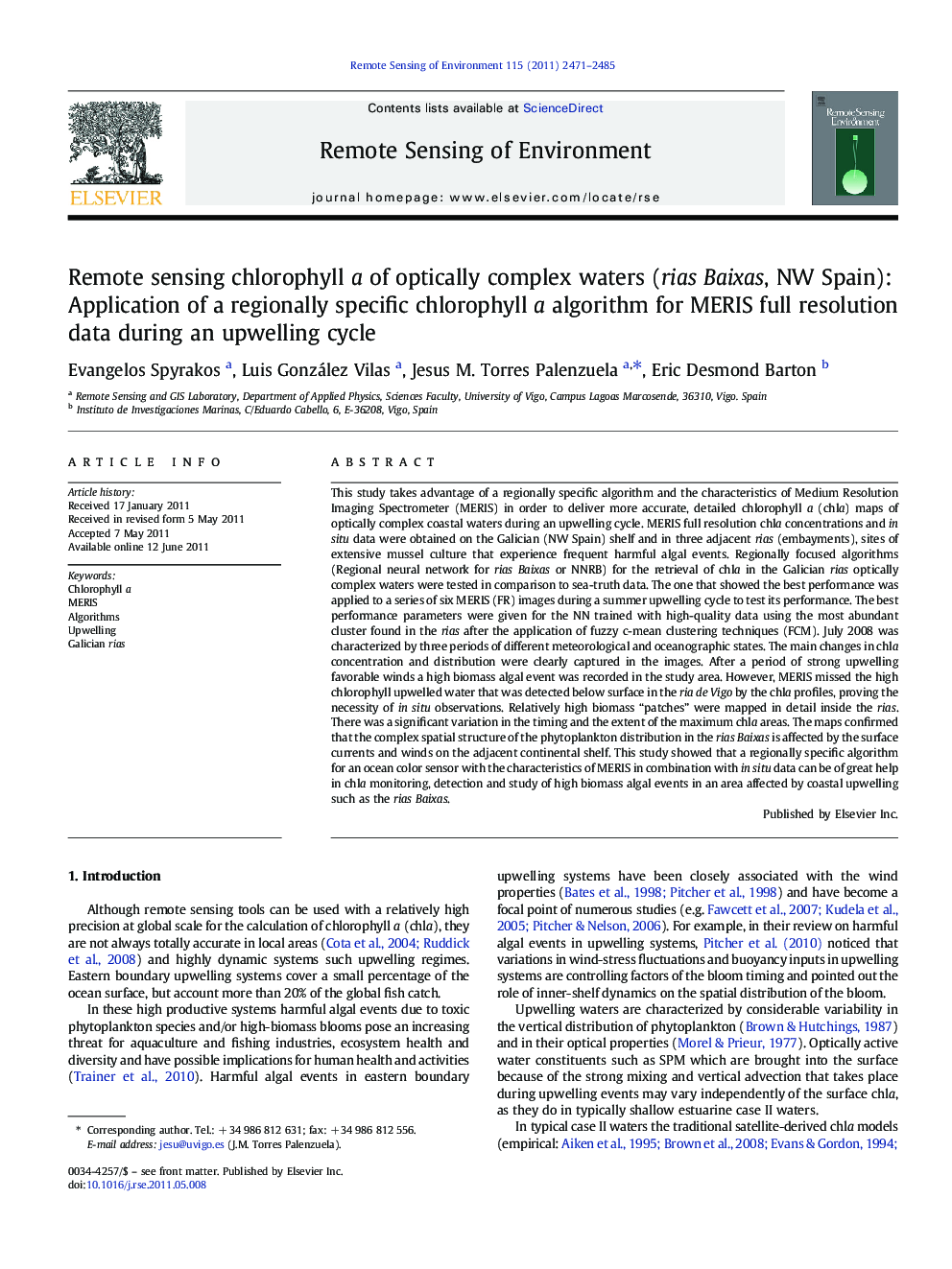 Remote sensing chlorophyll a of optically complex waters (rias Baixas, NW Spain): Application of a regionally specific chlorophyll a algorithm for MERIS full resolution data during an upwelling cycle