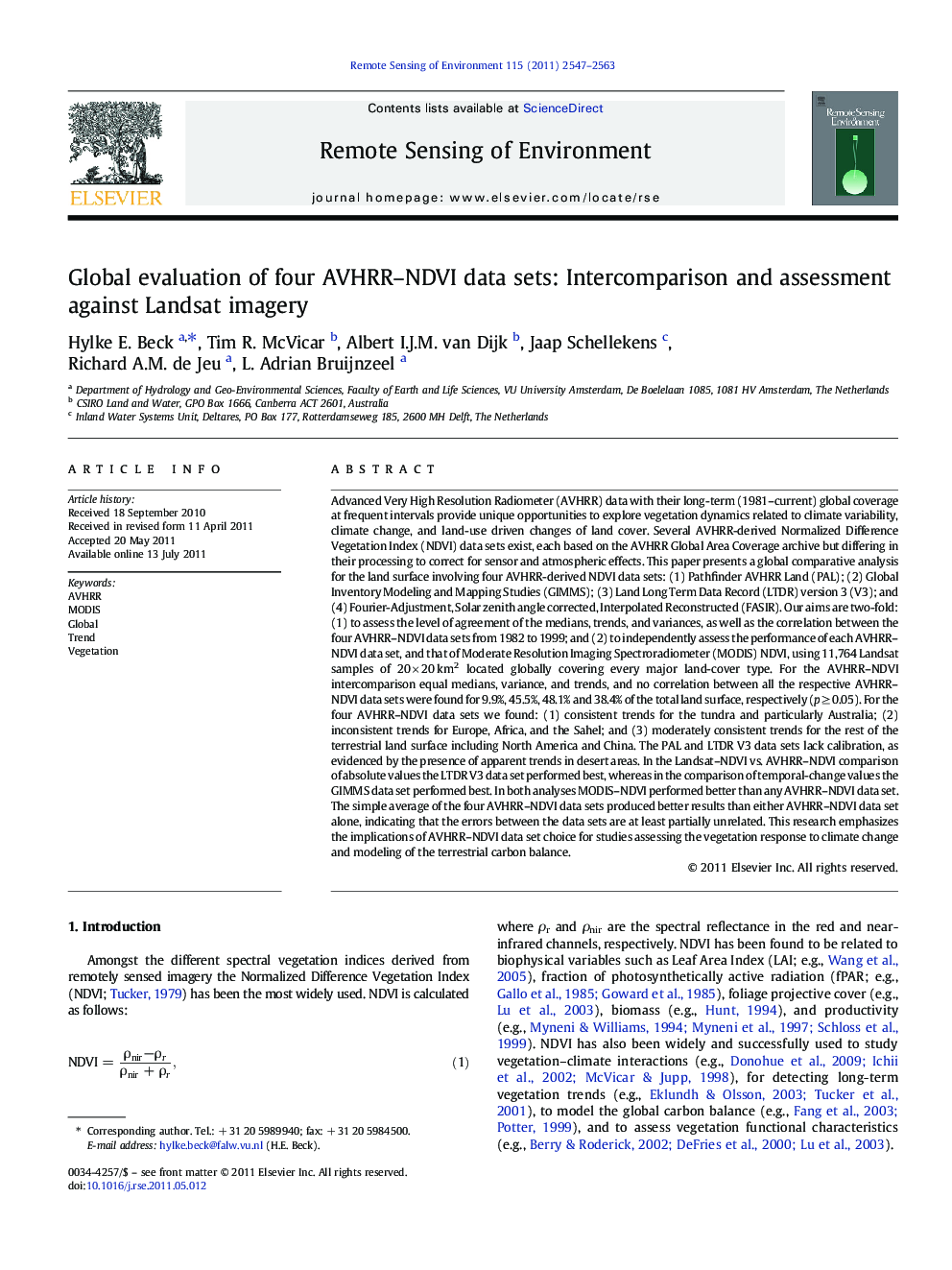 Global evaluation of four AVHRR–NDVI data sets: Intercomparison and assessment against Landsat imagery