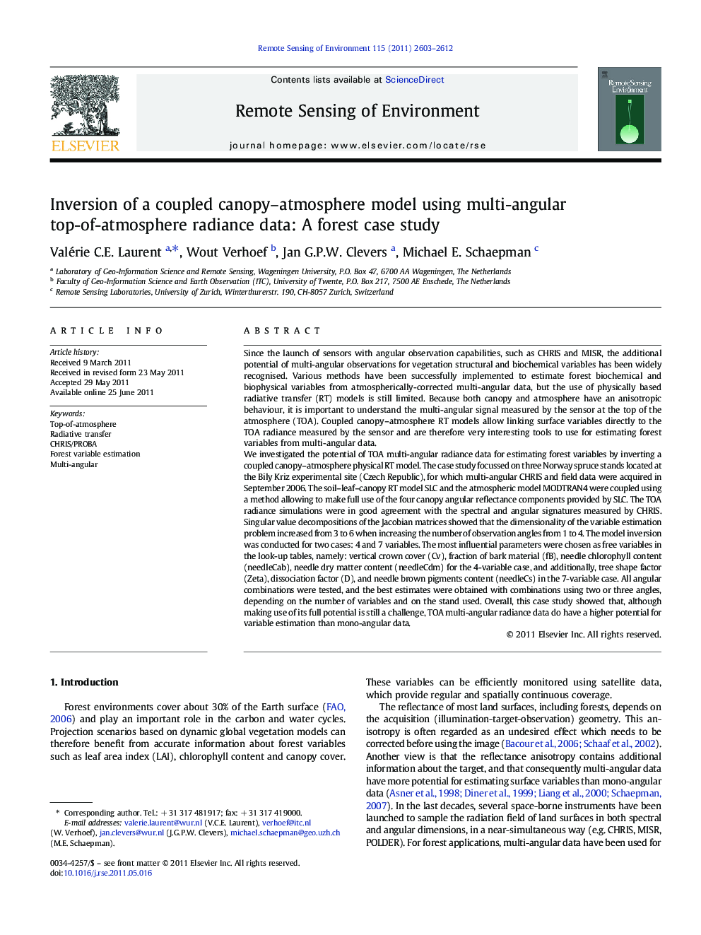 Inversion of a coupled canopy–atmosphere model using multi-angular top-of-atmosphere radiance data: A forest case study