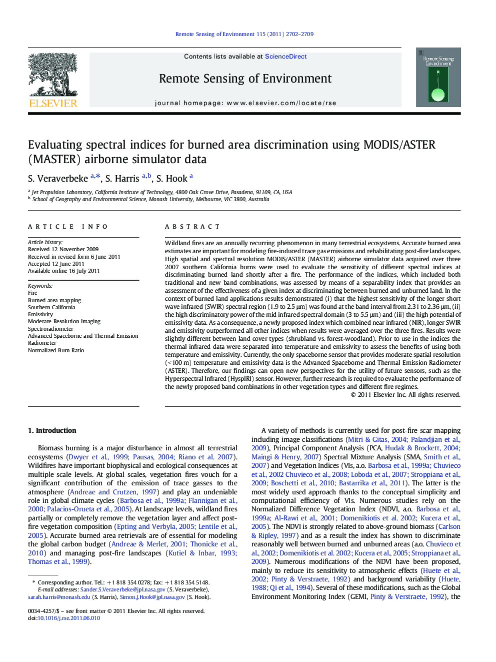 Evaluating spectral indices for burned area discrimination using MODIS/ASTER (MASTER) airborne simulator data