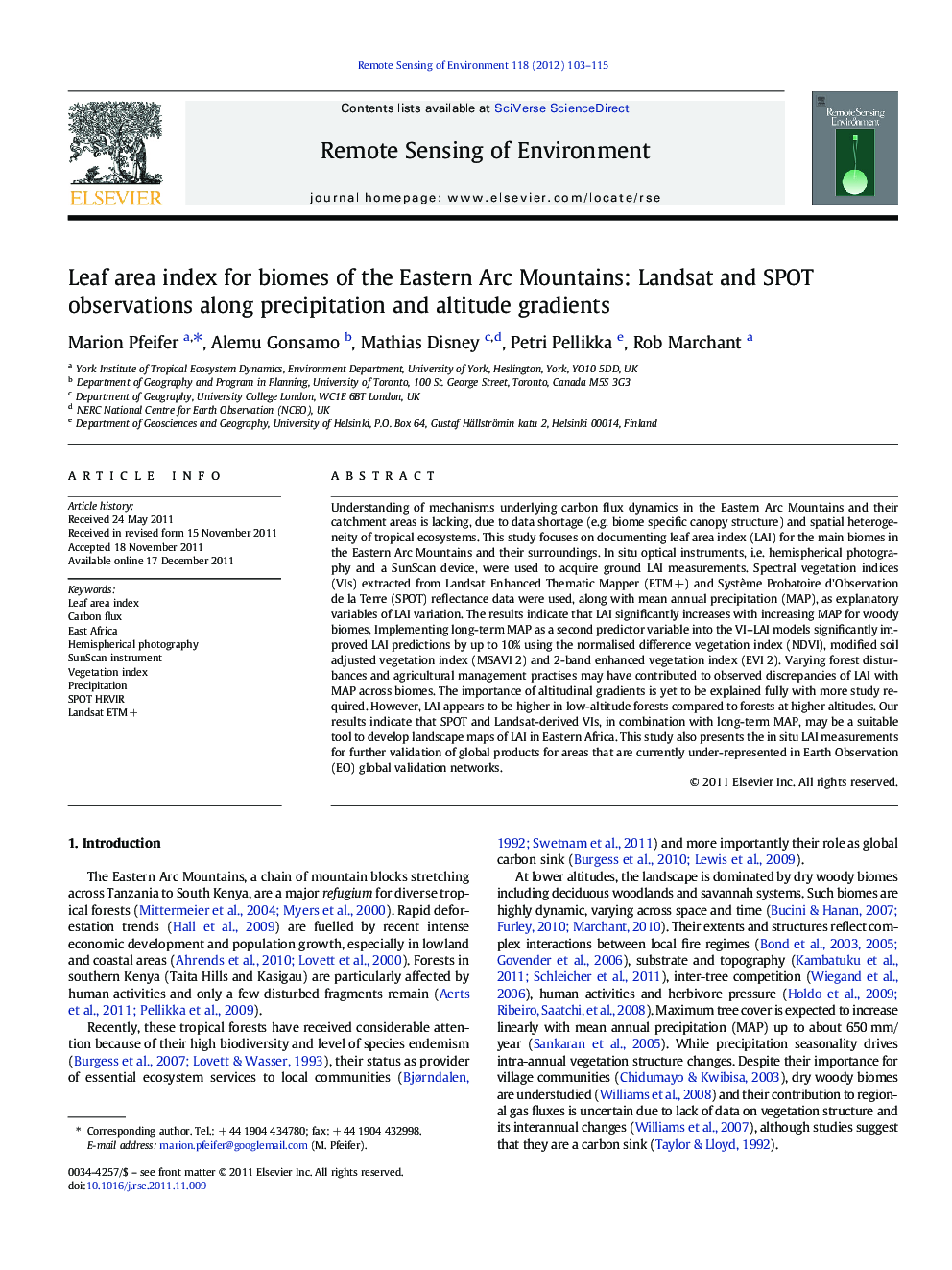 Leaf area index for biomes of the Eastern Arc Mountains: Landsat and SPOT observations along precipitation and altitude gradients