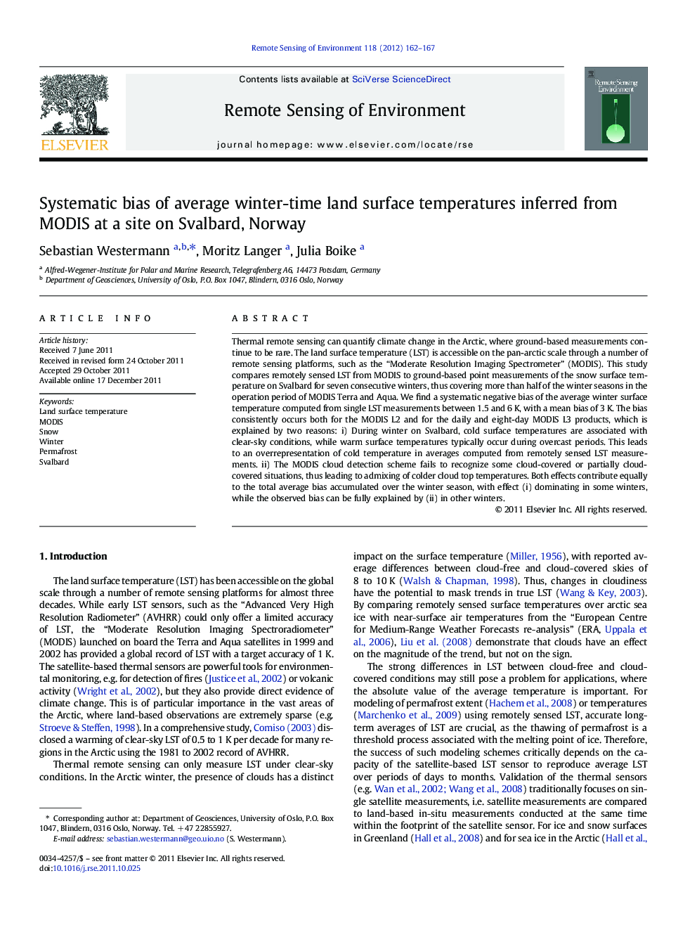 Systematic bias of average winter-time land surface temperatures inferred from MODIS at a site on Svalbard, Norway