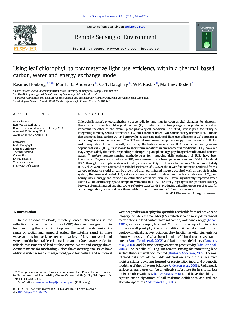 Using leaf chlorophyll to parameterize light-use-efficiency within a thermal-based carbon, water and energy exchange model