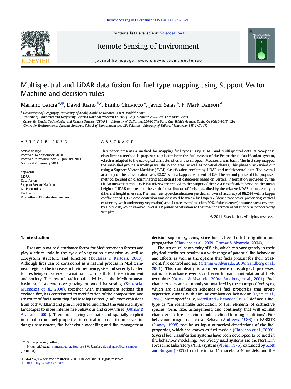 Multispectral and LiDAR data fusion for fuel type mapping using Support Vector Machine and decision rules