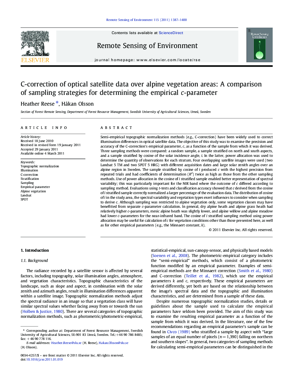 C-correction of optical satellite data over alpine vegetation areas: A comparison of sampling strategies for determining the empirical c-parameter