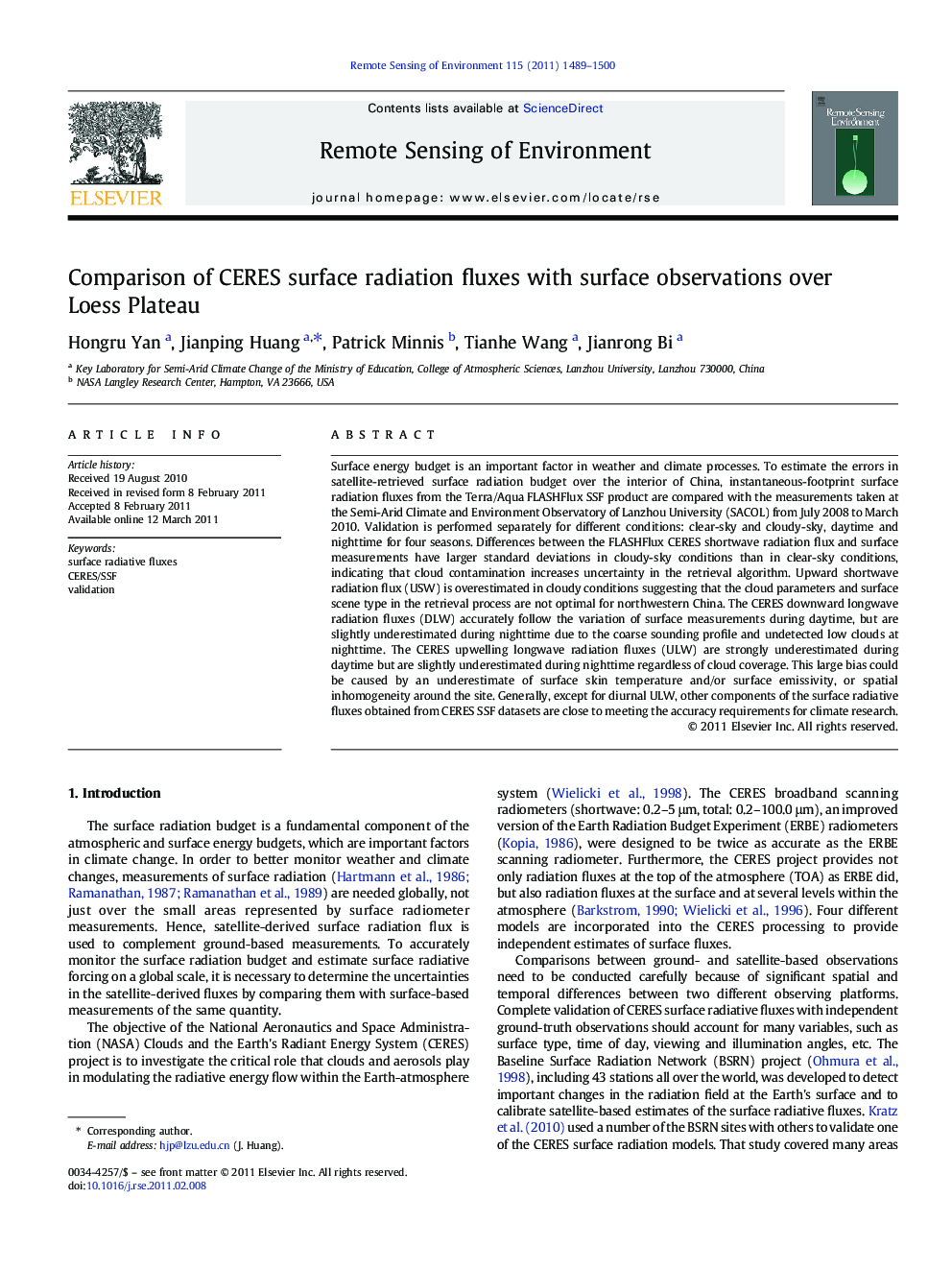 Comparison of CERES surface radiation fluxes with surface observations over Loess Plateau