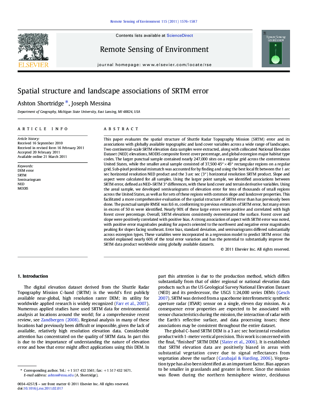 Spatial structure and landscape associations of SRTM error