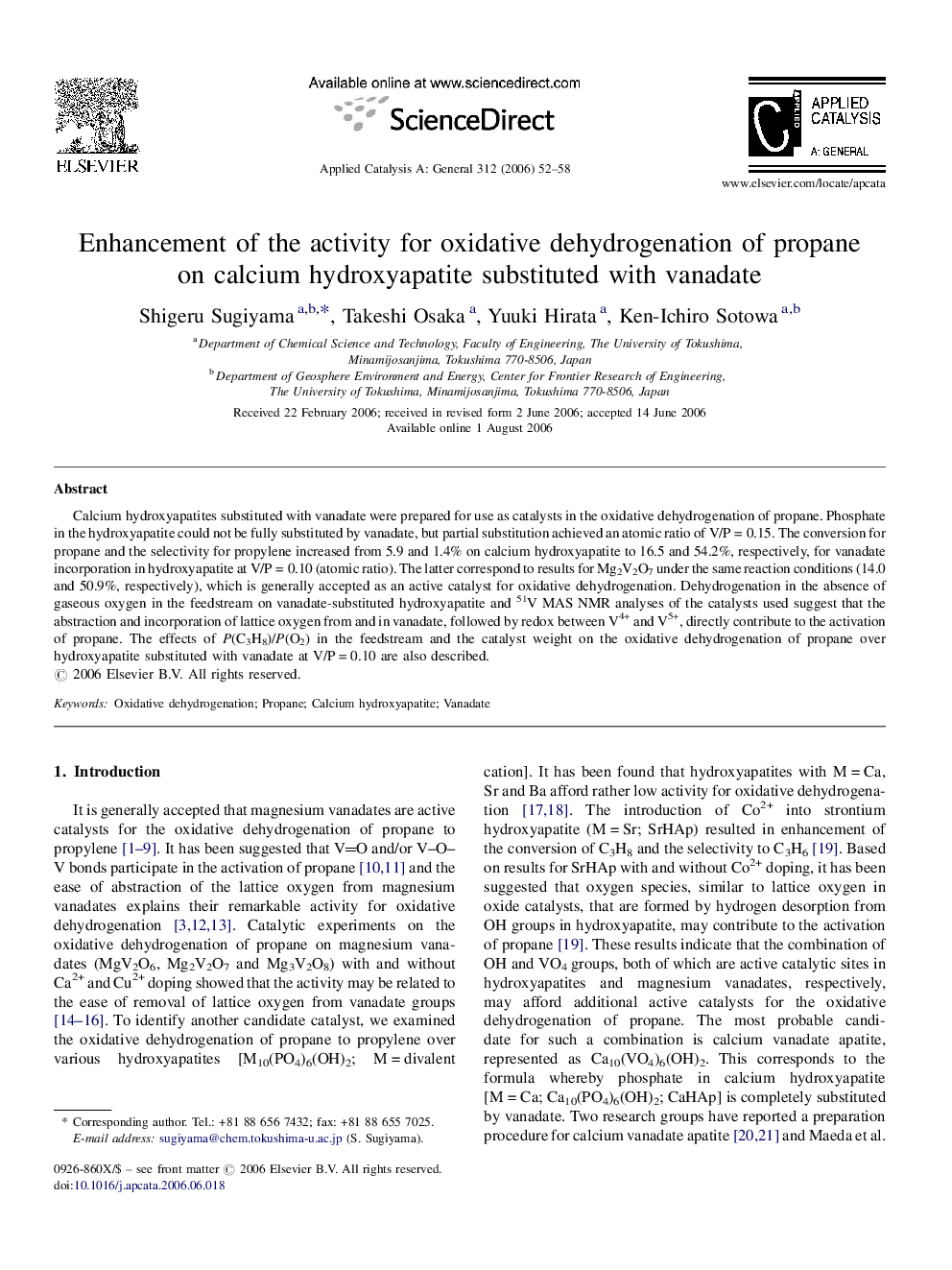 Enhancement of the activity for oxidative dehydrogenation of propane on calcium hydroxyapatite substituted with vanadate