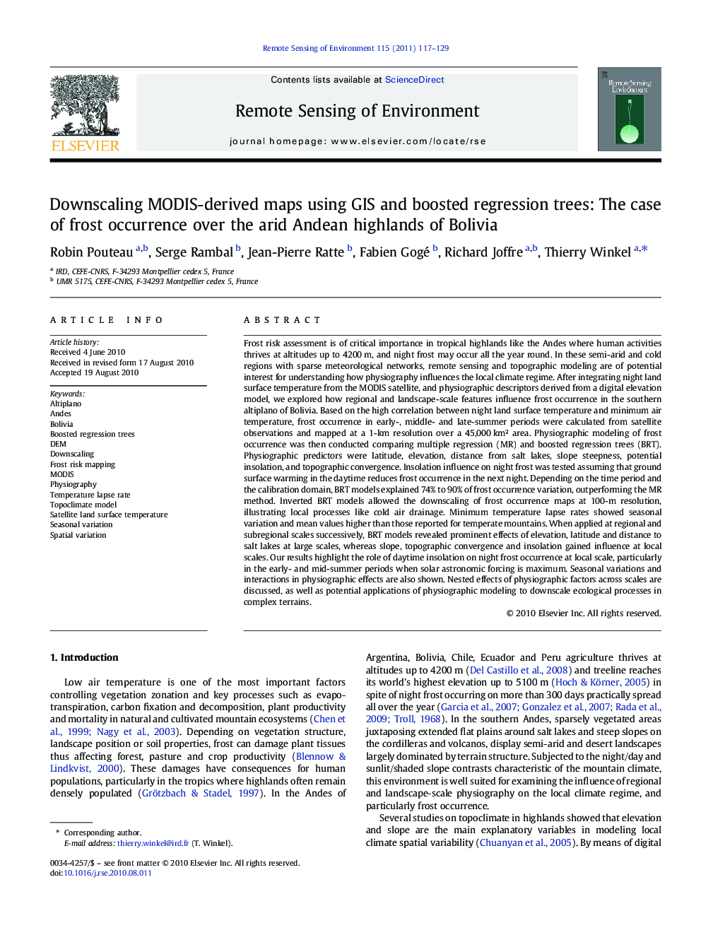 Downscaling MODIS-derived maps using GIS and boosted regression trees: The case of frost occurrence over the arid Andean highlands of Bolivia