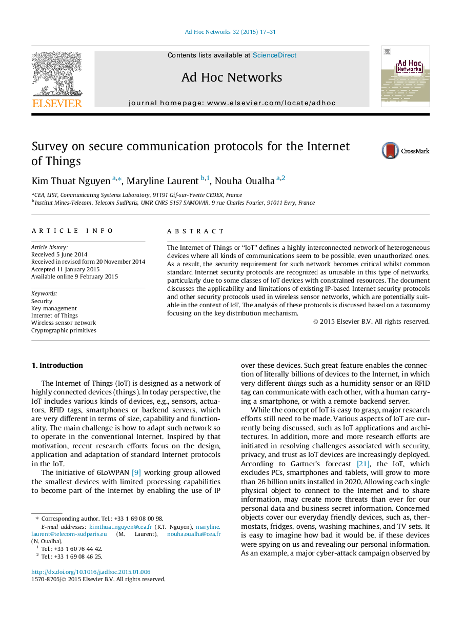 Survey on secure communication protocols for the Internet of Things