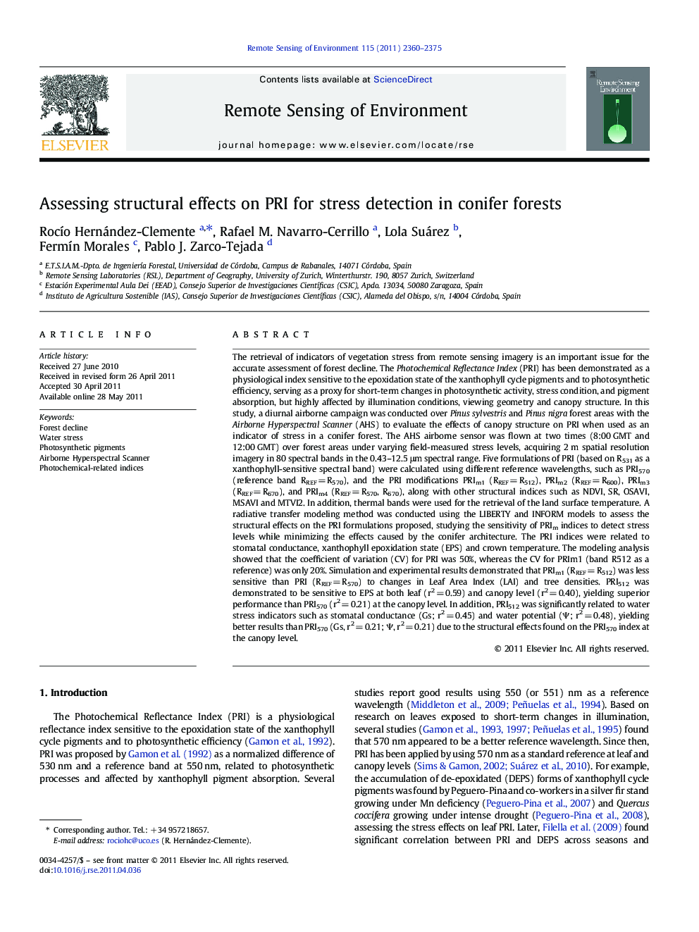 Assessing structural effects on PRI for stress detection in conifer forests