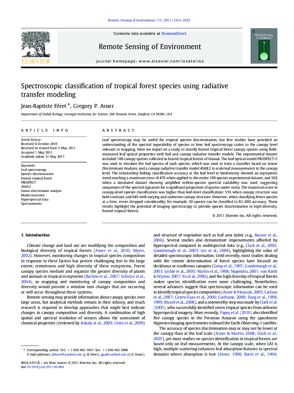 Spectroscopic classification of tropical forest species using radiative transfer modeling