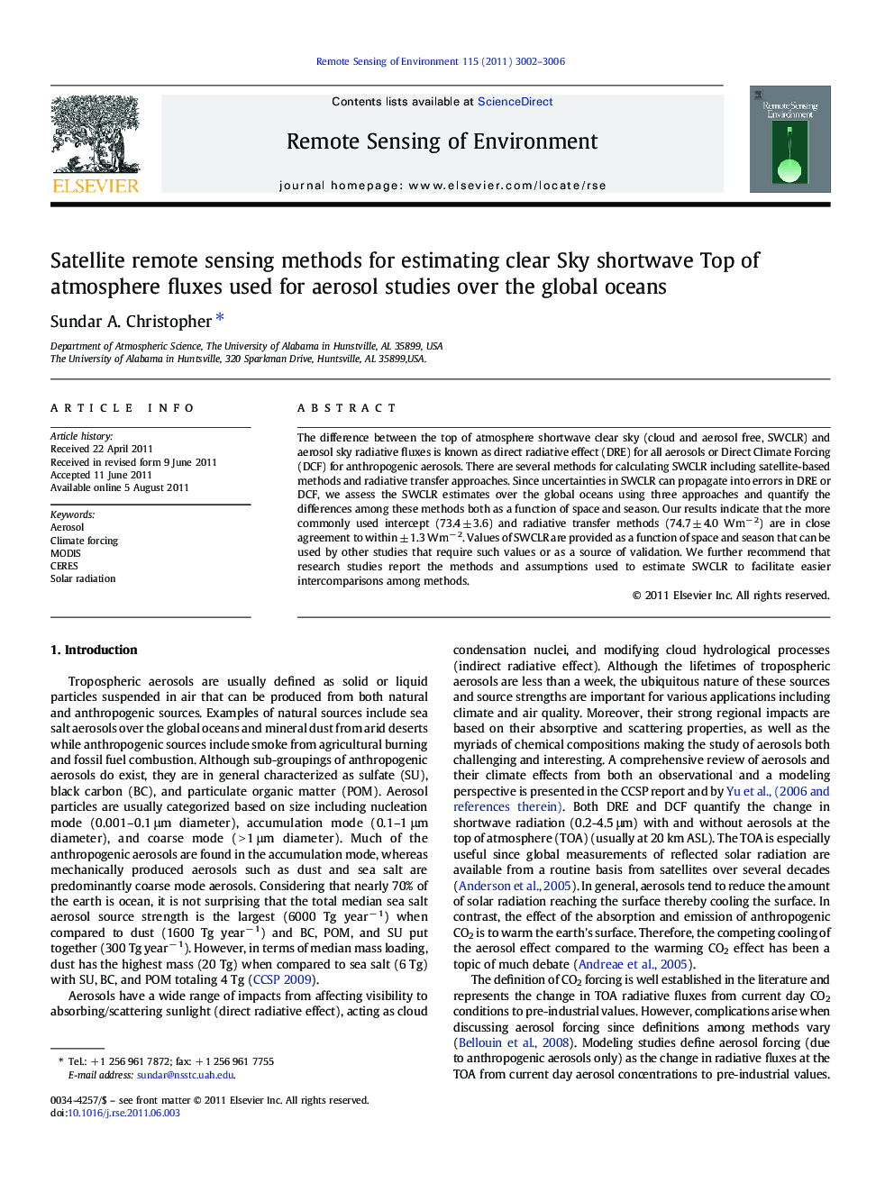 Satellite remote sensing methods for estimating clear Sky shortwave Top of atmosphere fluxes used for aerosol studies over the global oceans