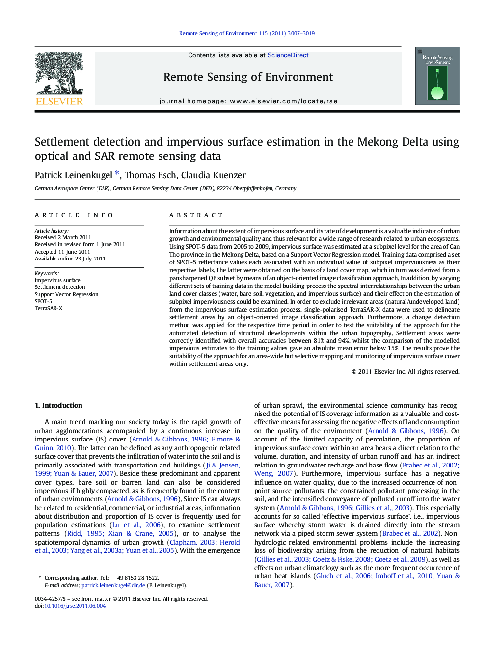 Settlement detection and impervious surface estimation in the Mekong Delta using optical and SAR remote sensing data