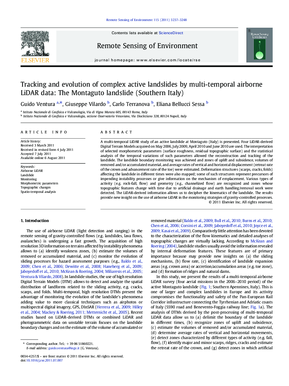 Tracking and evolution of complex active landslides by multi-temporal airborne LiDAR data: The Montaguto landslide (Southern Italy)