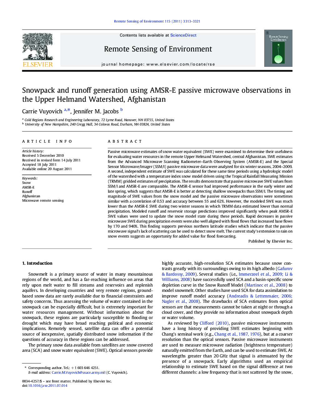 Snowpack and runoff generation using AMSR-E passive microwave observations in the Upper Helmand Watershed, Afghanistan