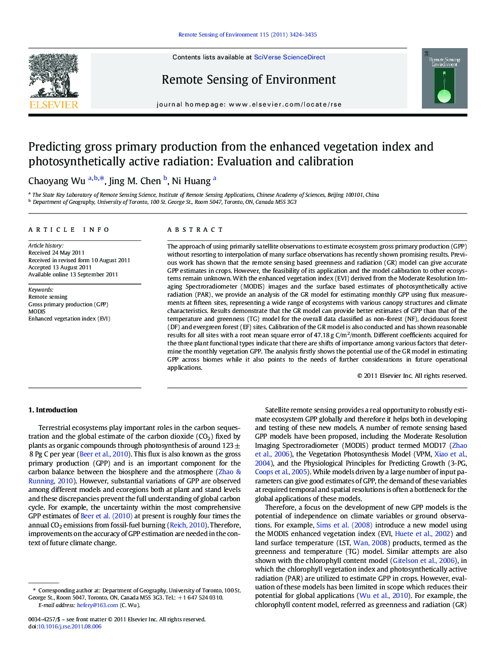 Predicting gross primary production from the enhanced vegetation index and photosynthetically active radiation: Evaluation and calibration